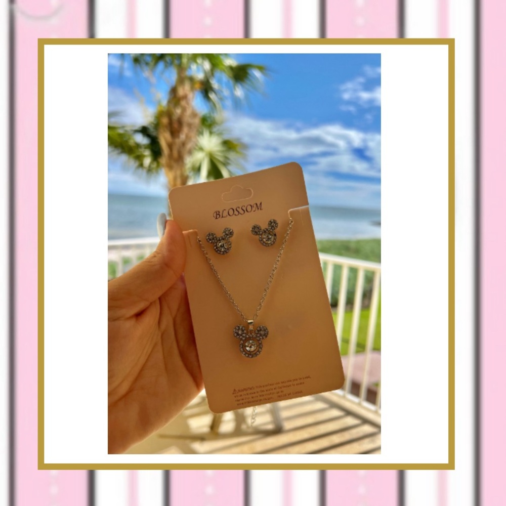 Mickey ear shape earring & necklace set - Silver in color NEW